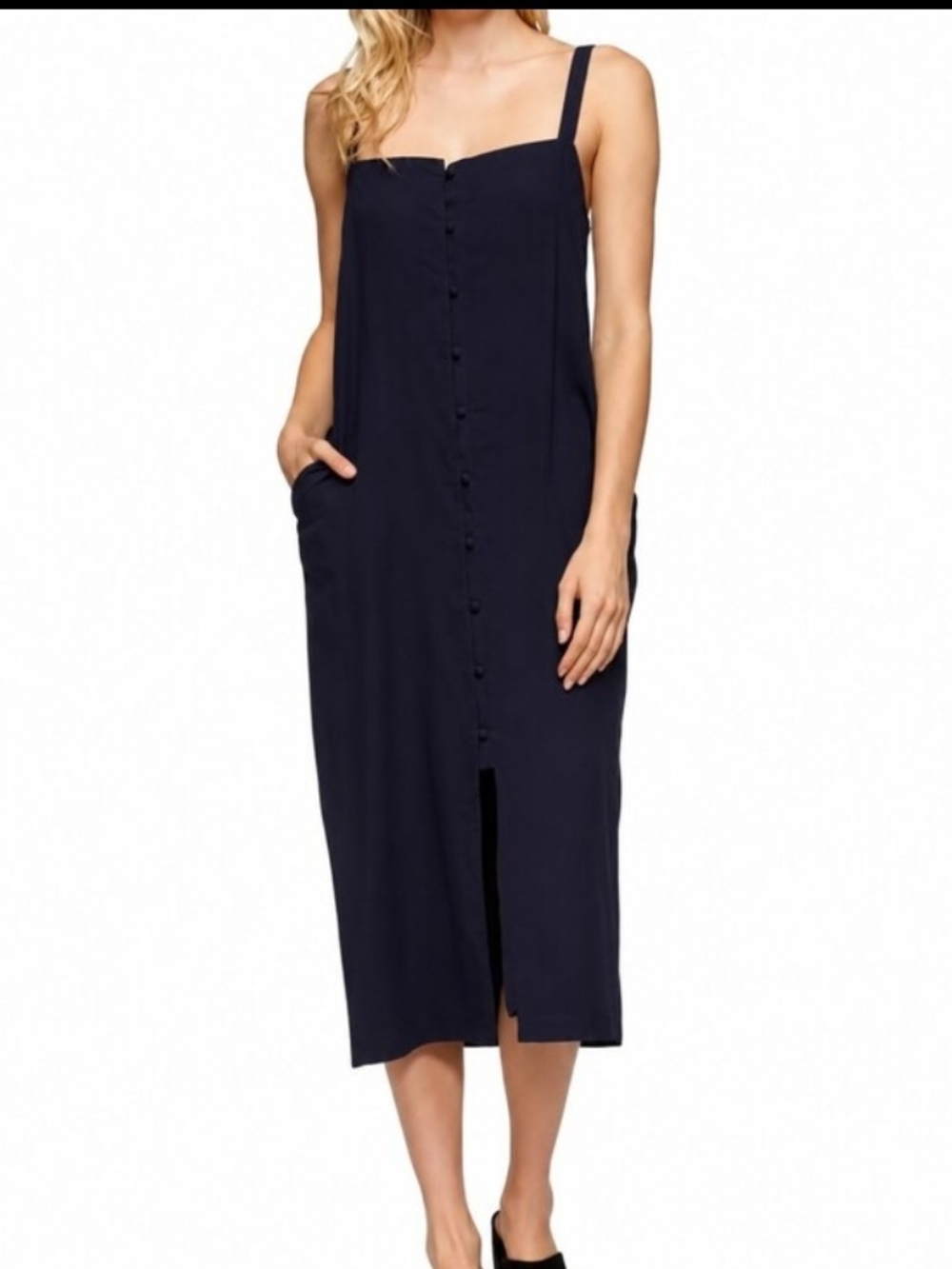 Tavik Tara Navy Blue Cotton Linen Button Front Midi Dress Size Small